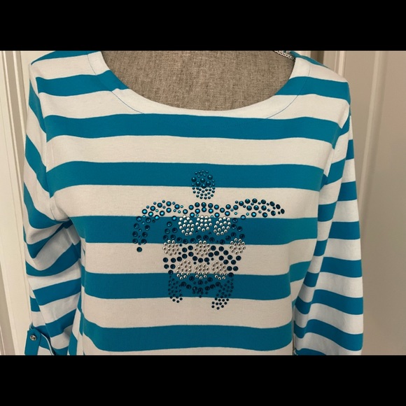 🌸🌸SALE! 4 FOR $20!PALM GROVE Teal&White Stripe Jeweled Turtle 3/4 Slv Top SzS - Picture 4 of 7